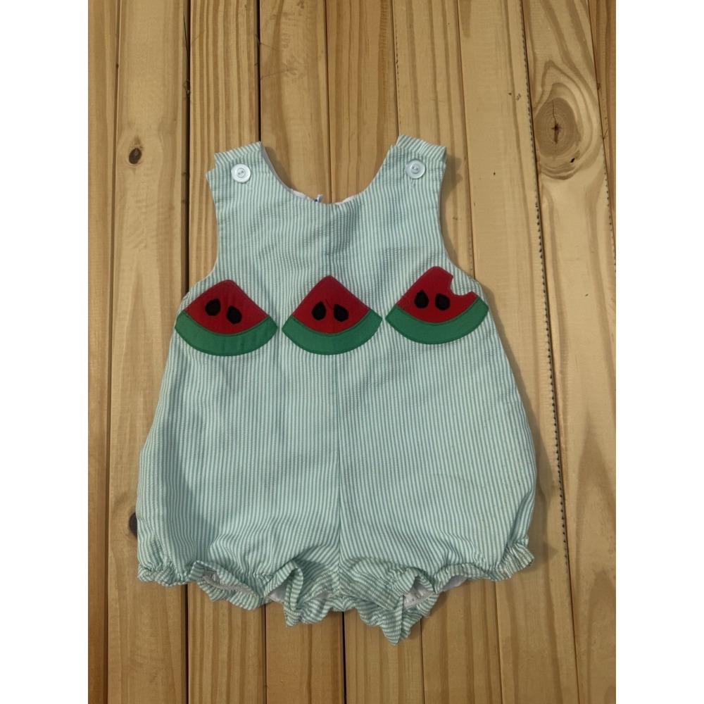 Vtg Boutique Girls Sz 2 Green‎ Stripe Watermelon Appliqué Bubble Romper Sunsuit